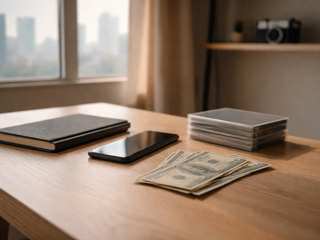 Minimal office scene with a dark notebook, cash-styled props, and film/media items to symbolize disputed net worth claim