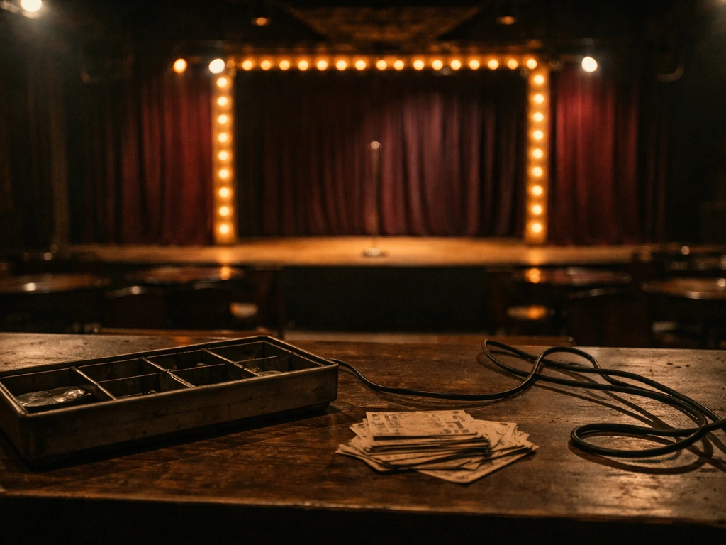 Vintage Chicago nightclub stage with velvet curtains, cash tray, and ticket stubs on a counter.