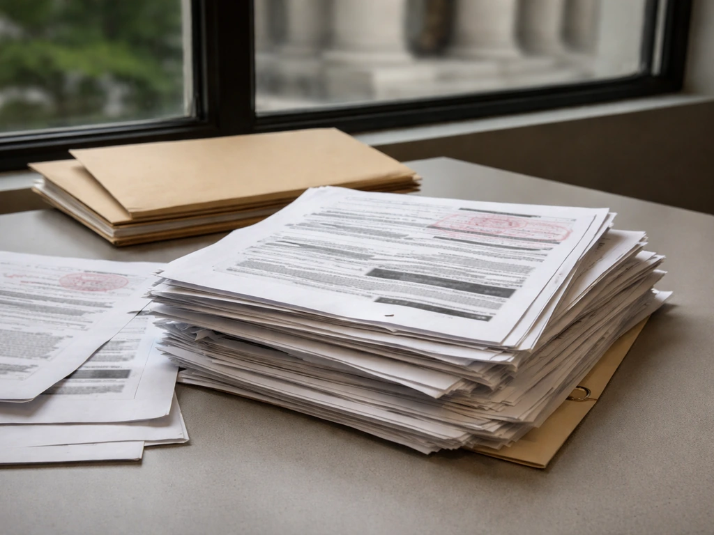 Stack of tax lien and legal/medical billing papers with blurred courthouse steps in the background.