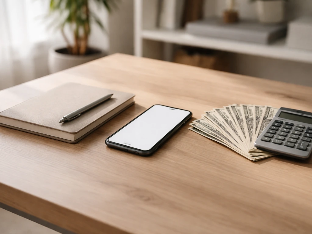 Minimal office desk scene with cash, a smartphone, and a pen symbolizing estimated net worth breakdown.