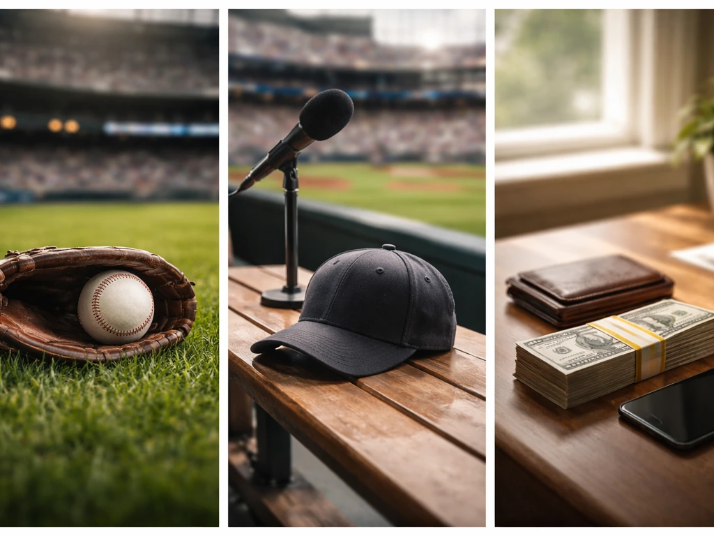 Minimal split-style sequence of baseball and finance-themed scenes suggesting MLB career earnings growth