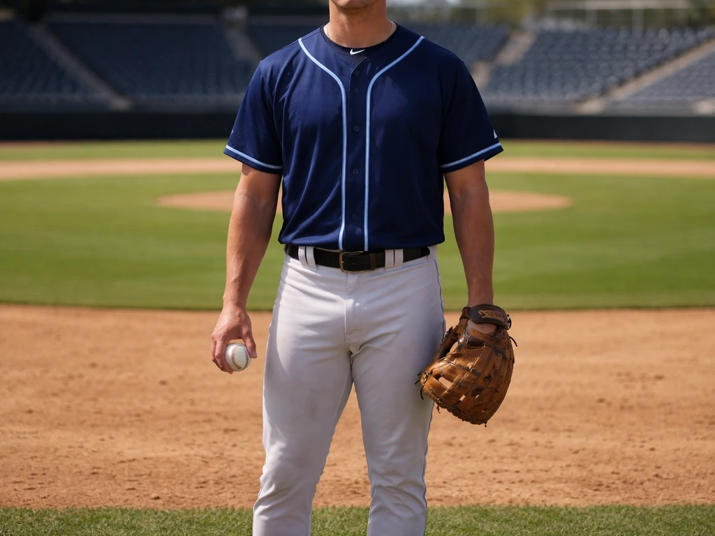 Anonymous MLB player in a Tampa Bay Rays uniform holding a baseball on a sunny field