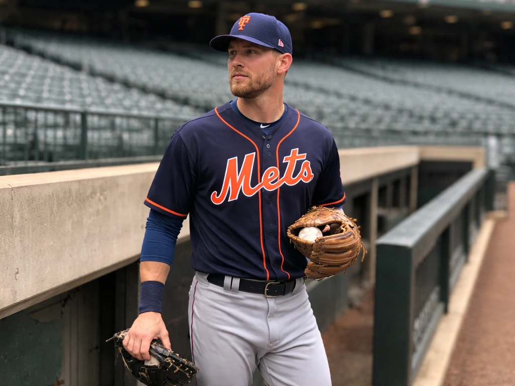 Asdrúbal Cabrera in a New York Mets home uniform holding a baseball near a simple dugout walkway
