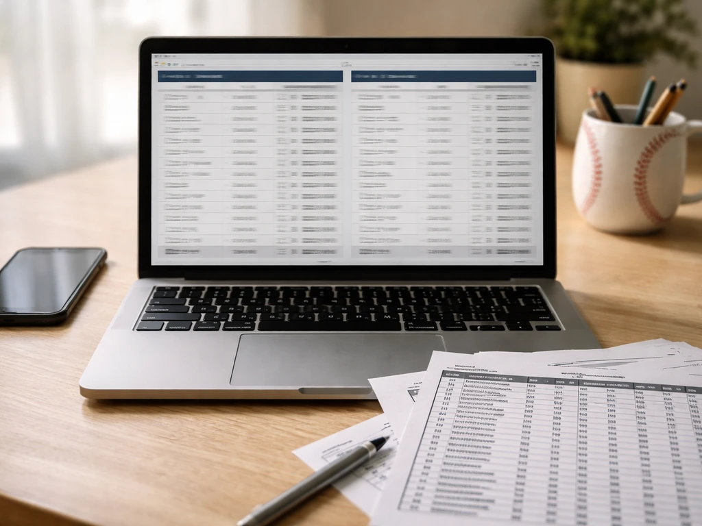Laptop on a desk with blurred MLB contract/salary reference pages, symbolizing verifying updated figures.