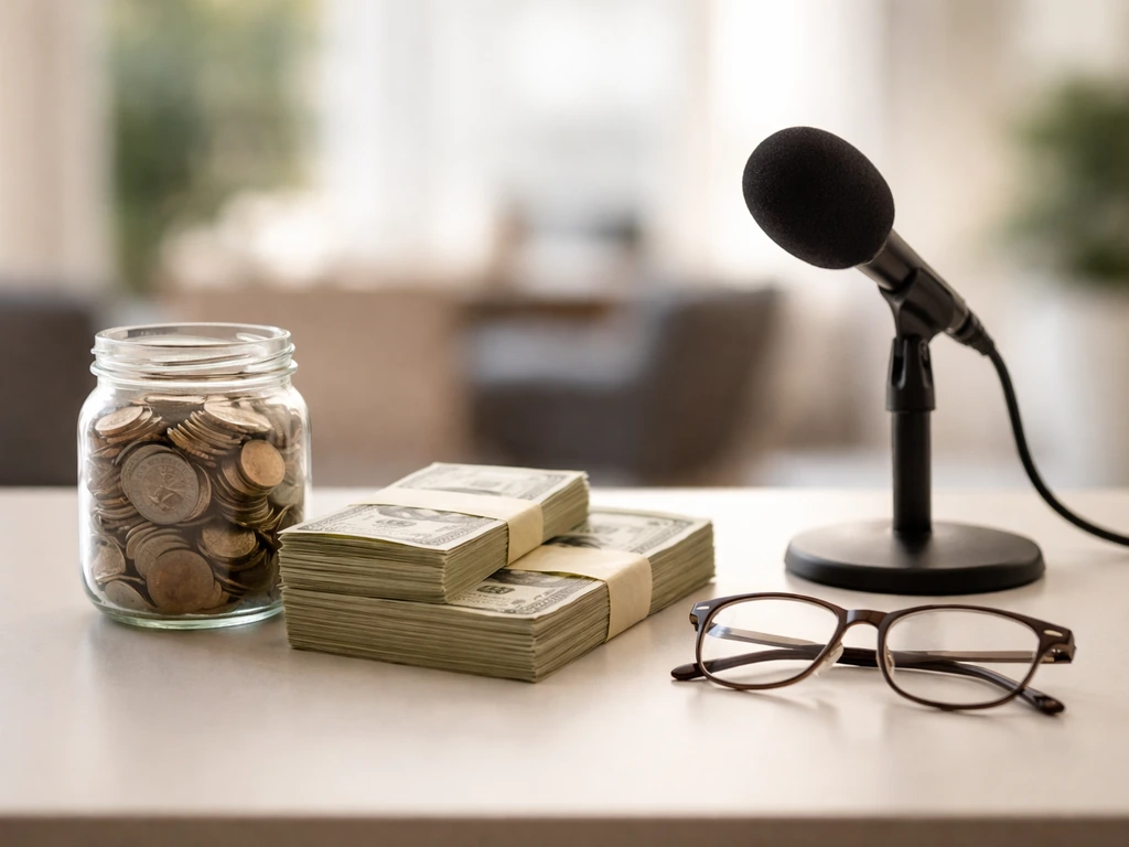 Coins jar and stacked money on a desk beside a microphone in a minimal bright office setting.