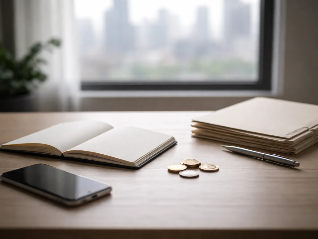 Minimal desk scene with a smartphone, scattered coins, and a closed notebook symbolizing career earnings phases.