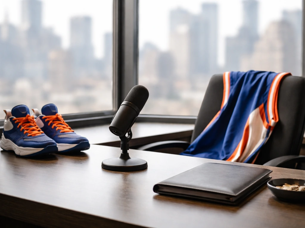 Minimal New York sports desk scene with sneakers, jersey, microphone, city view, coins—symbolizing prime earning years.