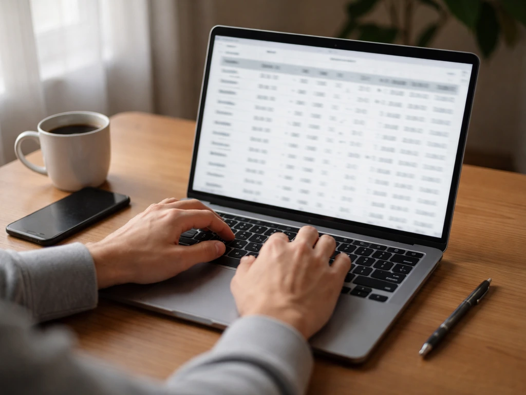 Minimal office desk with laptop displaying blurred sports salary-history style webpage.
