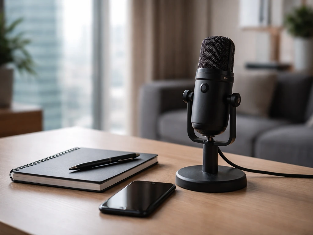 Close-up of an anonymous studio microphone and desk items in a modern office, symbolizing net worth research.