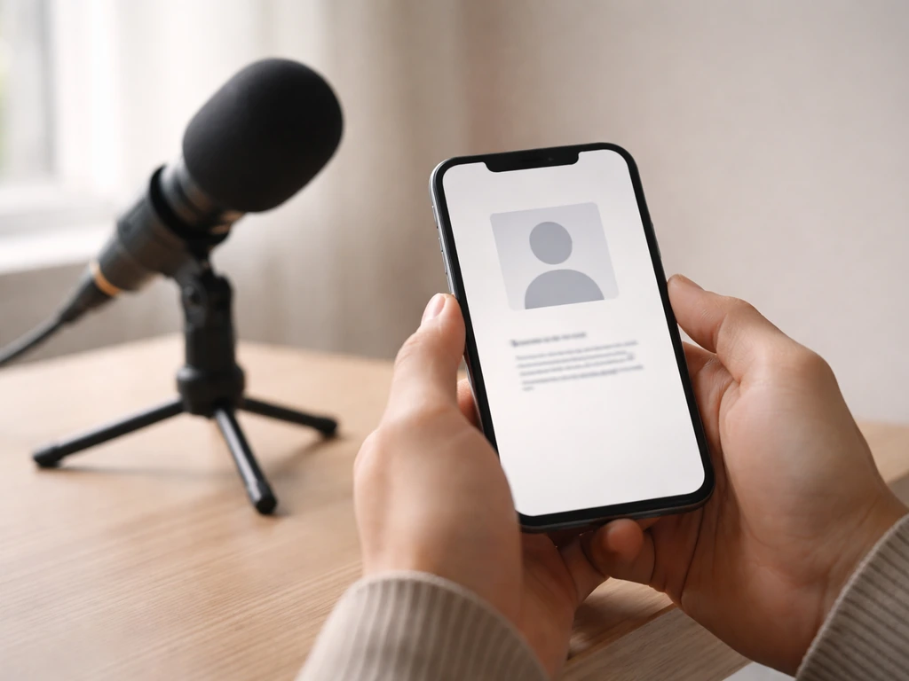 Anonymous hands holding a phone with a blurred identity-style callout beside a studio microphone.