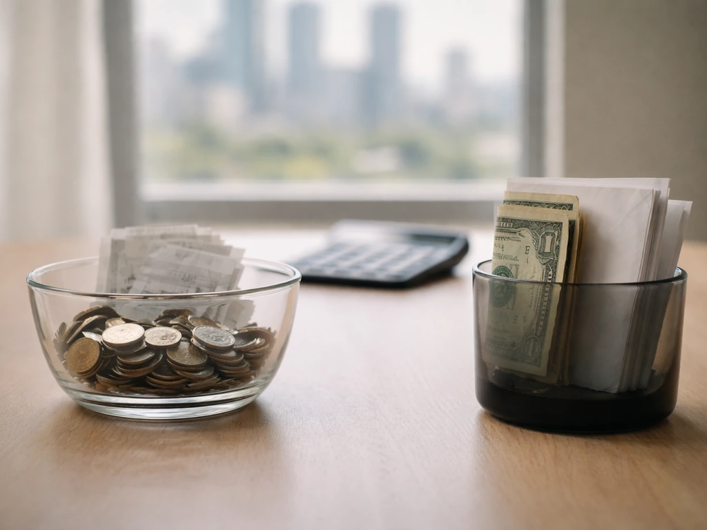 Minimal desk scene with coins, receipts, and envelopes suggesting assets minus liabilities.