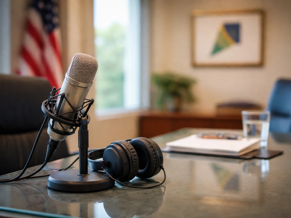 Official office desk with a studio microphone and headphones, blurred civic building window behind