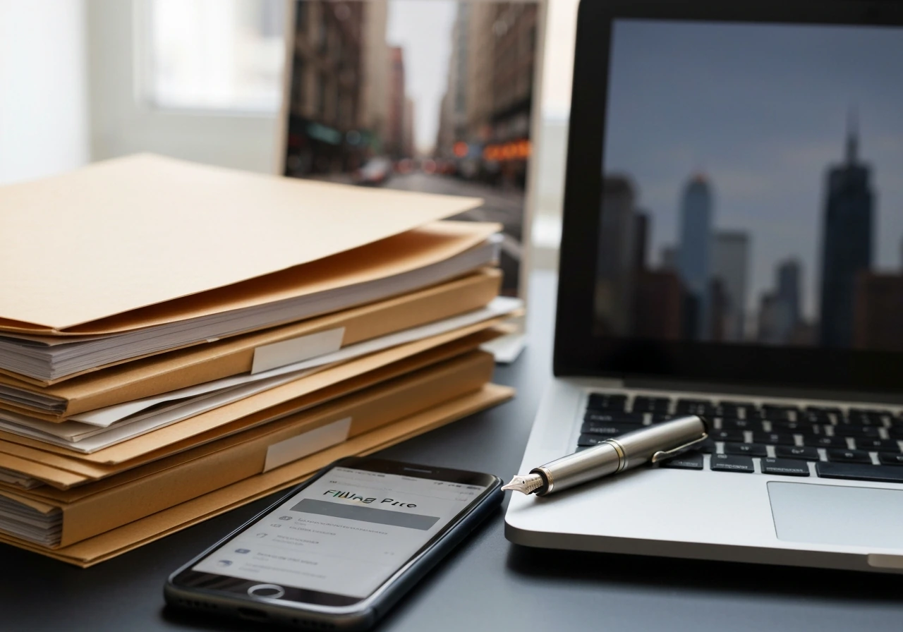 Desk with paper public-finance filings and a phone showing blurred finance research workflow, NYC vibe.