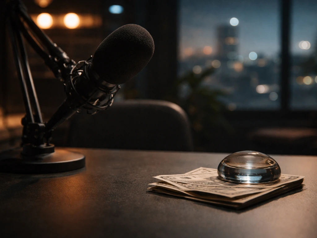Minimal photo of a studio microphone beside cash and a blurred city skyline, symbolizing celebrity income analysis
