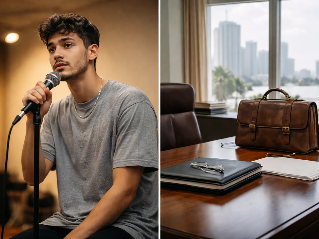 Split photo: musician rehearsal with microphone on left, Miami law office desk with glasses on right.