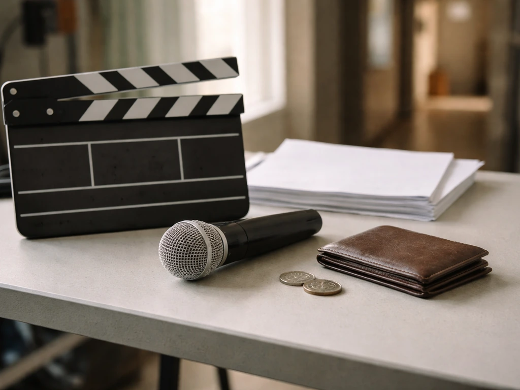 Minimal TV production set still life with a clapperboard, remote, and cash-like props, symbolizing acting residuals.