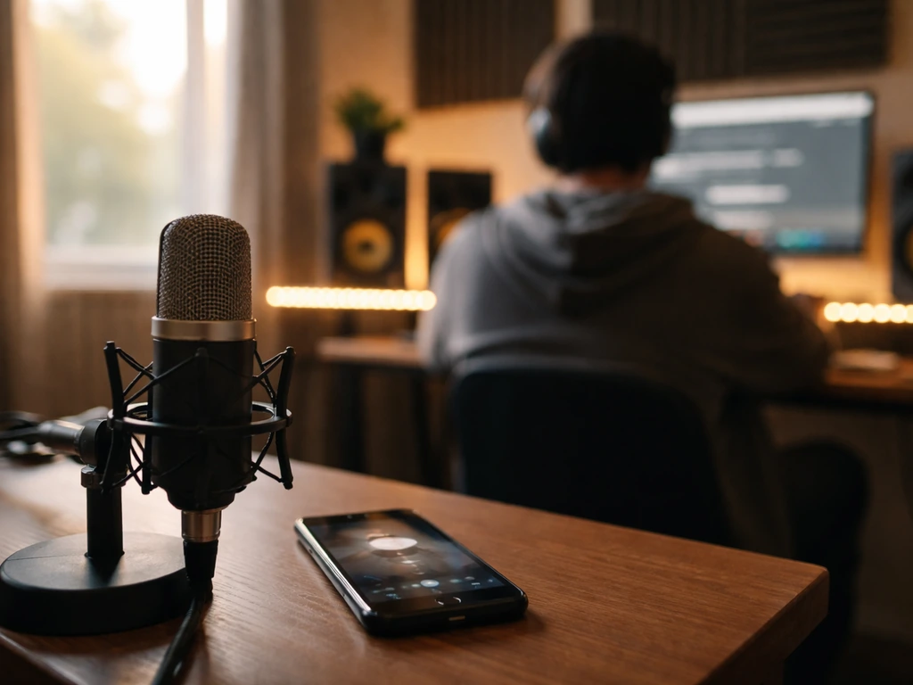 A singer-songwriter at a studio desk with a microphone and a phone displaying music playback.