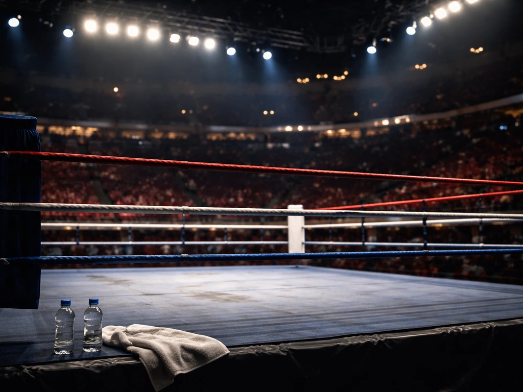 Arena de boxeo con el ring iluminado y asientos desenfocados, ambiente de gran combate nocturno.