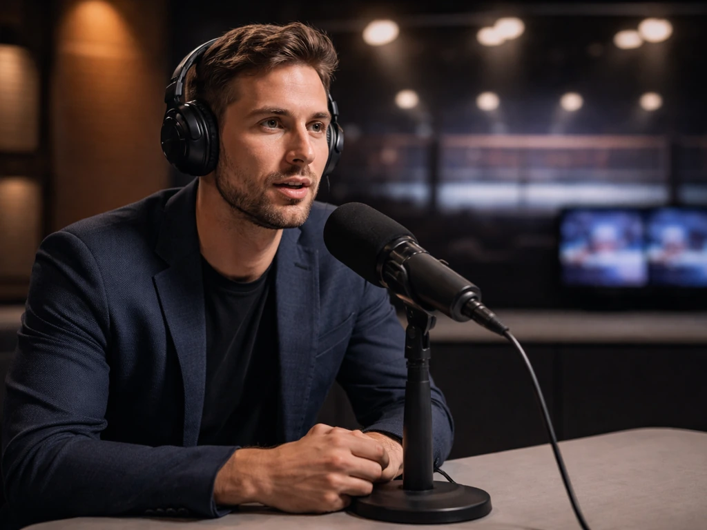 Studio scene of a sports boxing analyst at a broadcasting desk with a microphone and muted TV screens