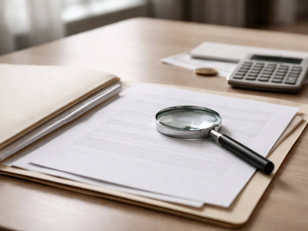 Desk documents and a magnifying glass symbolize researching net worth.