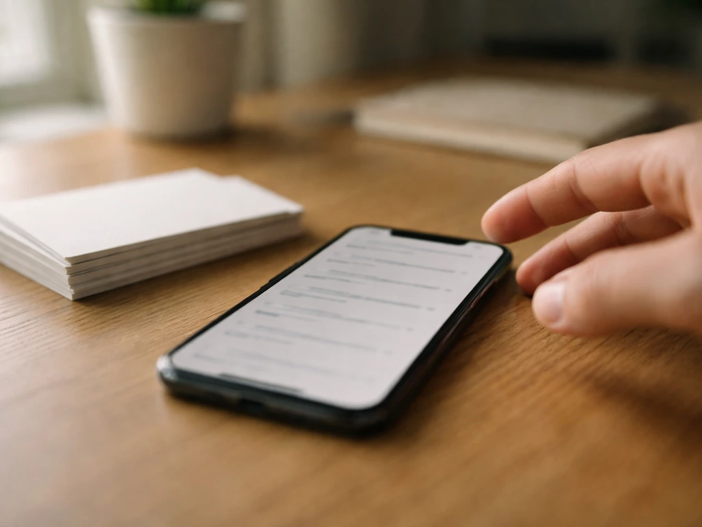 Smartphone on a desk next to blank cards, blurred multi-result look suggesting name disambiguation.