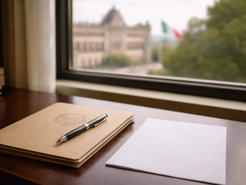 Close-up of a legislator’s desk with official-looking folder, pen, and a blurred city background outside.