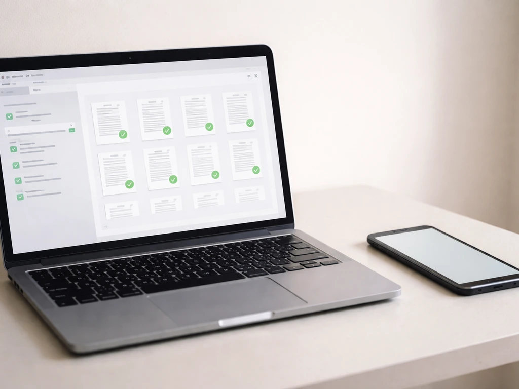 Minimal desk scene with laptop and phone showing a generic disclosure workflow with document and checkbox icons.