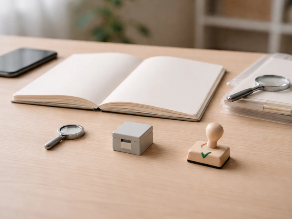 Minimal desk scene with magnifying glass, archive box icon, and checklist stamp near an open notebook.