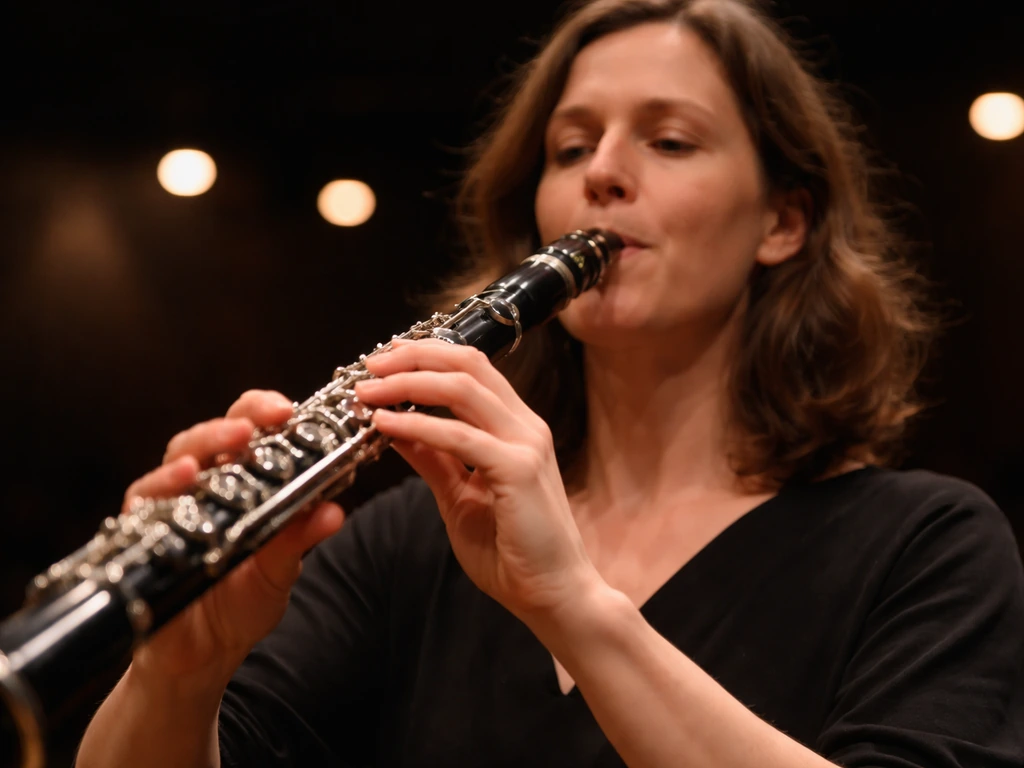 A jazz clarinet performance photo with a clarinetist mid-play on a softly lit stage.