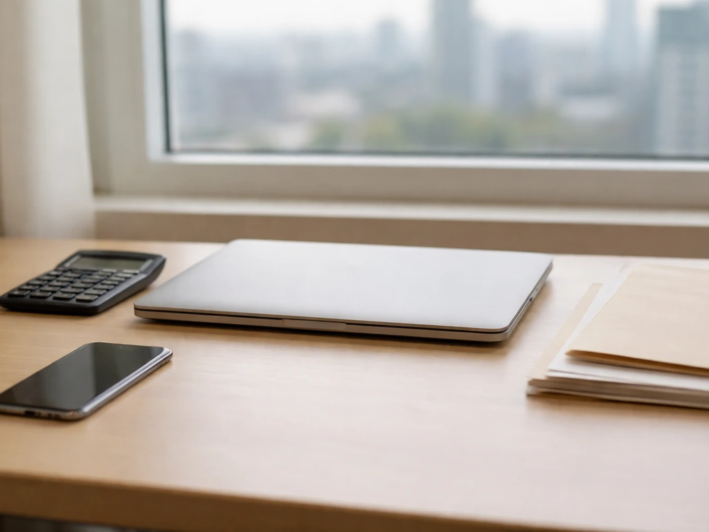 Laptop, calculator, and blank papers on a desk suggest income modeling methodology.