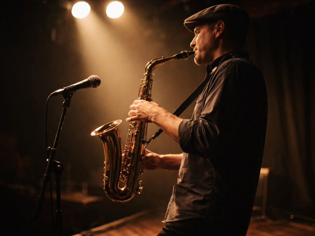 Anonymous jazz musician performing onstage under warm lights with clarinet or saxophone.
