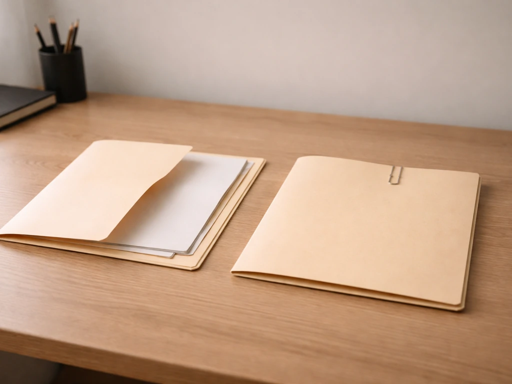 Minimal office desk with two blurred folders symbolizing verified versus inferred records.