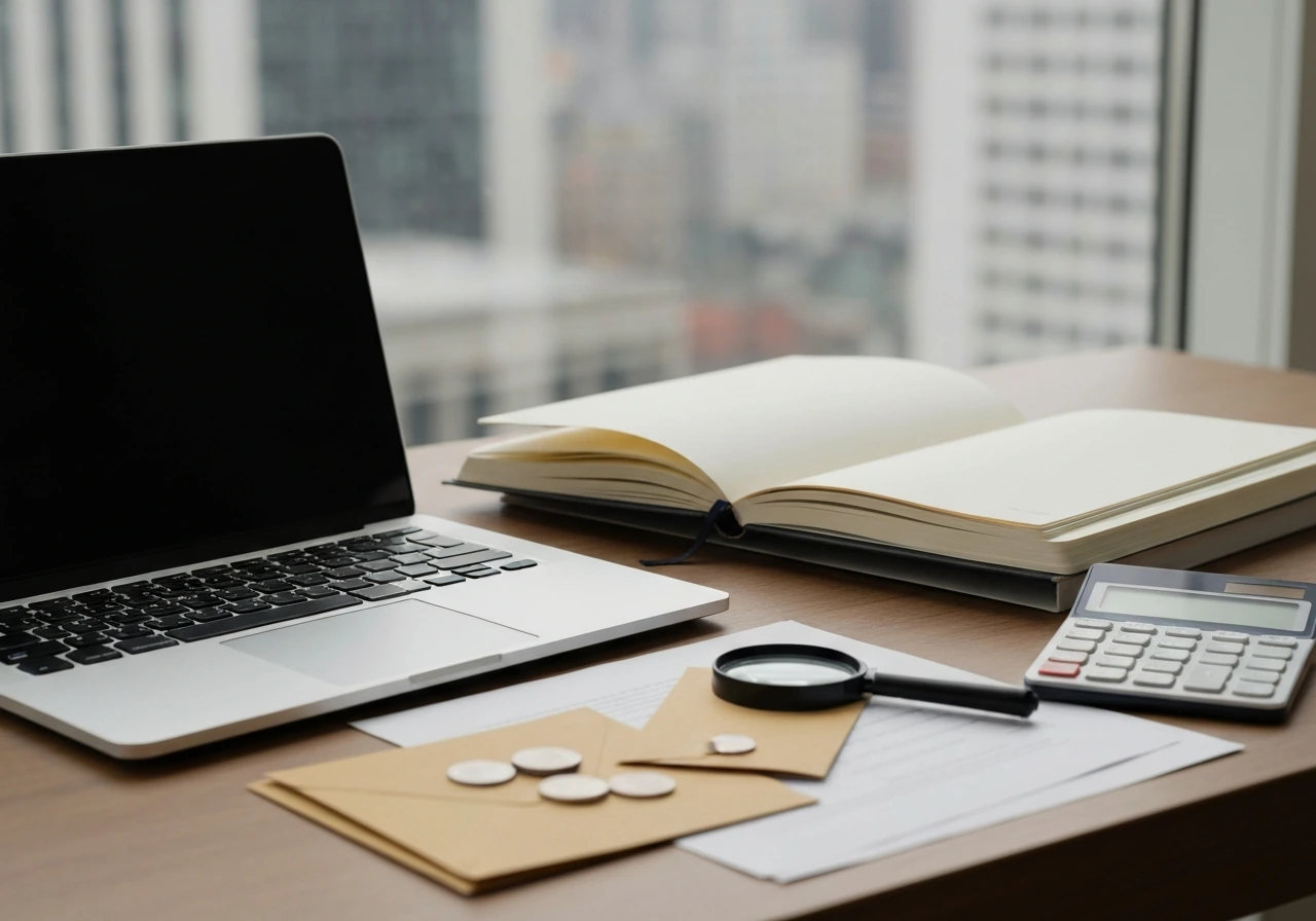 Desk scene with a laptop, open notebook, and scattered documents suggesting net worth verification