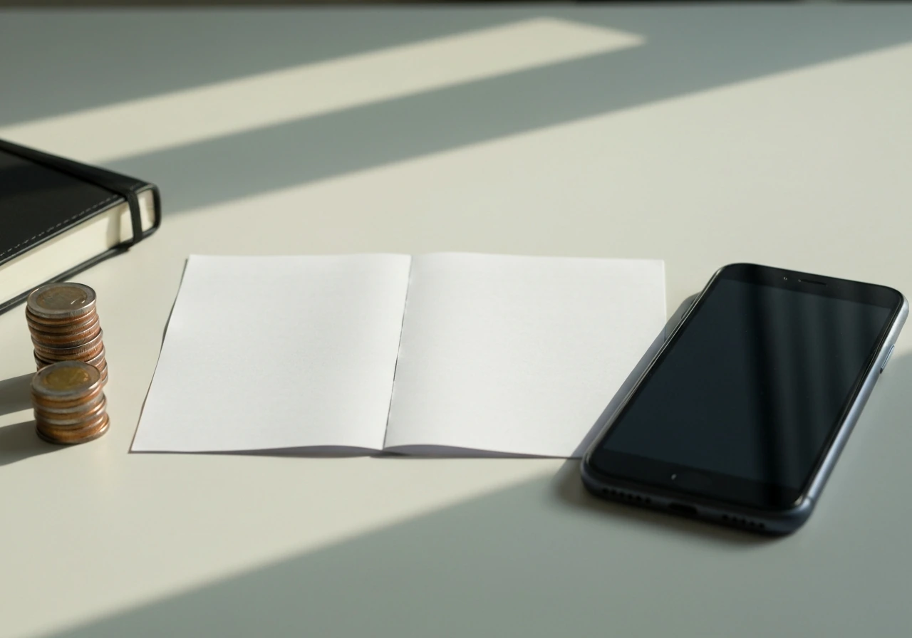 Minimal desk scene with two unlabeled financial pages, coin stack, and a smartphone showing time—symbolic of net worth e