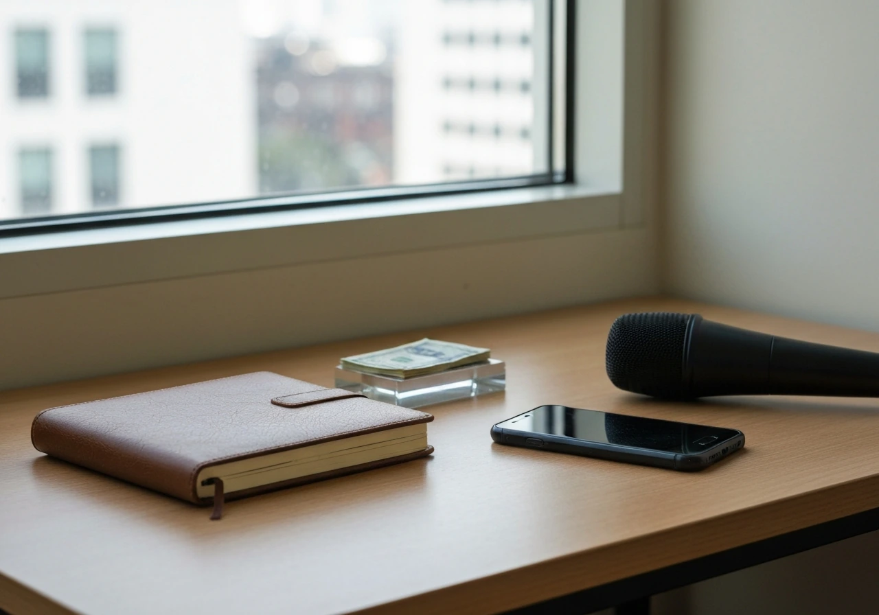 Minimal photo of a money ledger pad beside a smartphone and microphone in a quiet office corner