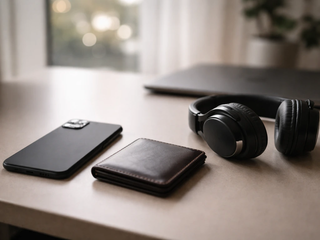 Minimal desk scene with phone, wallet, and headphones suggesting net worth research and money analysis.