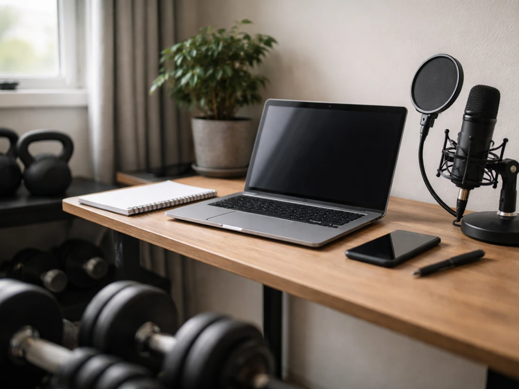 Minimal home gym office with laptop and mic, dumbbells blurred—symbolic of fitness media identity check.