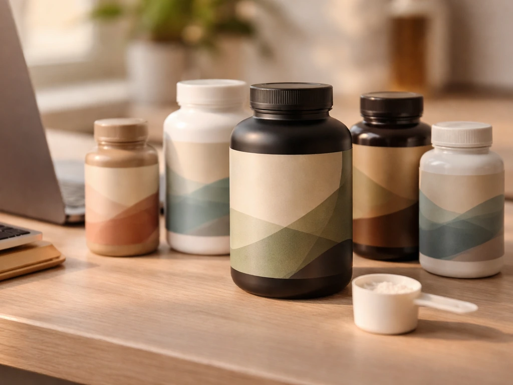 Supplement bottles on a desk next to a laptop and scoop, representing a fitness brand revenue stream.